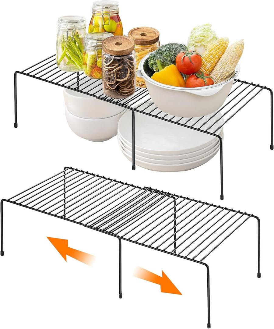 Ravinte 2 Pack Freezer Shelf Organizer, Expandable Cabinet Storage Shelf with Rustproof Metal Wire, Adjustable Kitchen Cabinet Organizer Spice Rack for Frige, Pantry, Cupboard, Countertop - Black