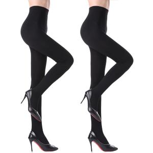YAGAXI Fleece Lined Opaque Tights for Women - 2 Pairs 100D Warm Winter Pantyhose with Control Top (Black, L)