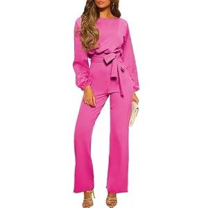 Happy Sailed Women Casual Loose Long Sleeve Belted Wide Leg Pant Romper Jumpsuits X-Large Hot Pink
