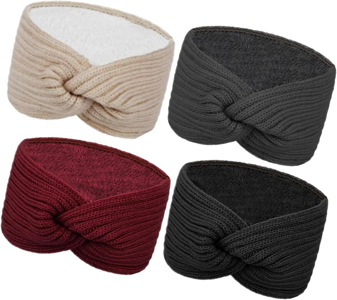 Chalier Warm Winter Headbands for Women Cable Crochet Turban Ear Warmer Headband with Plush (Beige/Black/Dark Gray/Red)