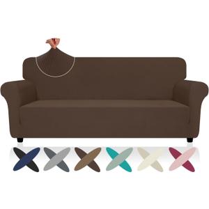 ZNSAYOTX Super Stretch Sofa Cover (72"-92"), New Striped Sofa Covers Fitted Slipcovers with Elastic Bottom, Dog Cat Pets Proof Spandex Washable Fabric Comfortable & Durable (Coffee, Sofa)