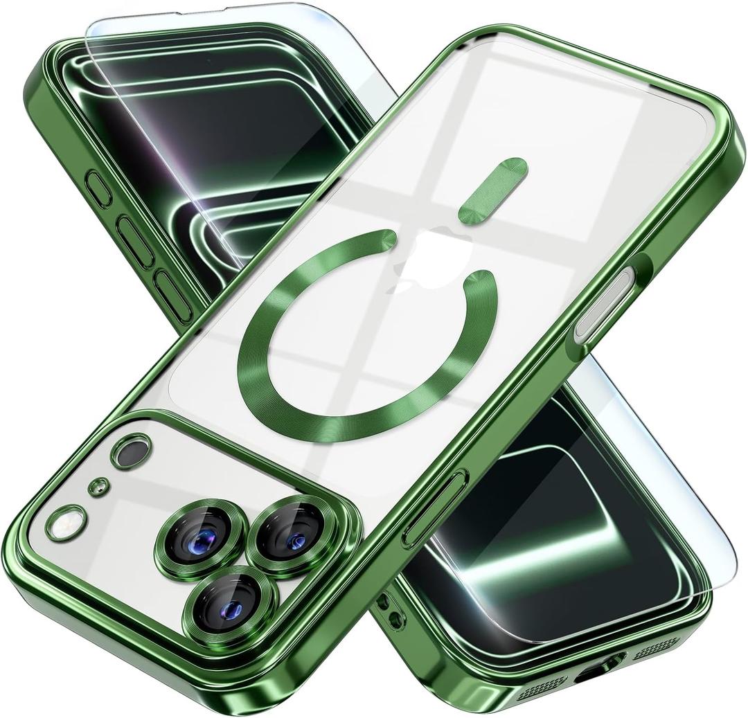 Misea Magnetic for iPhone 17 Pro Case Compatible with MagSafe [Never Yellowing] [Military Grade Drop Protection] Full Camera Lens Protector Plating Soft Clear Phone Case for Women, Green