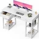 DUMOS 48" Small Computer Home Office Desk for Bedroom with Drawers, Gaming Writing Study Table with Storage Shelf, Adjustable Feet, Metal Frame White