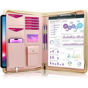 Darolin [Zippered] Portfolio Padfolio Organizer Binder with Clipboard, Leather Business Interview Resume Document Holder Folder Planner Organizer for Office Conference Notepad Bag for Women - RoseGold