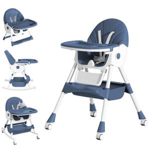 Baby High Chair, 5 in 1 High Chairs for Babies and Toddlers, Travel Foldable High Chair with Foot Rest, Detachable PU Cushion, Double Removable Tray, Adjustable Height & Recline, Locking Wheels (Navy Blue)