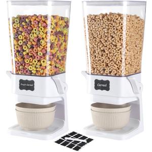 Cereal Dispenser Countertop with Cereal Bowls,16 Labels & Pen, Cereal Containers Storage, Candy Dispenser, Dry Food Dispenser For Pantry - Not Easy to Crush Food (White, 2 Pack)