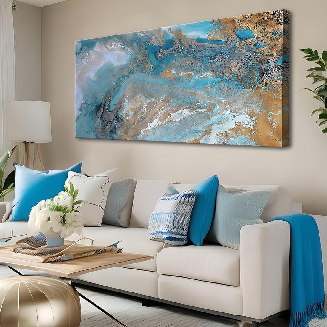 Blue Abstract Canvas Wall Art for Living Room, Navy and Gold Fluid Marble Picture Prints, Modern Painting Artwork for Bedroom, Bathroom, Office, Home Decor 20x40 Inch