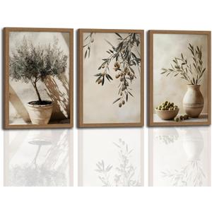 3Pcs Wooden Framed Tree Botanical Canvas Wall Art Mediterranean Olive Branch Painting Prints Poster, Rustic Farmhouse Neutral Picture Decor for Living Room Bedroom Kitchen Dining Room 12x16in