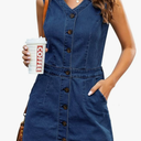 LookbookStore Women Sleeveless V Neck Button Down Frayed Hem Short Denim Dress. Size L