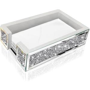 Wocred Mirror Guest Towel Napkin Holder, Crystal Crushed Diamond Dinner Napkin Holder for Dining Table, Rectangle Guest Disposable Towels Tray for Bathroom .(9.4”X5.7”X2.6”)