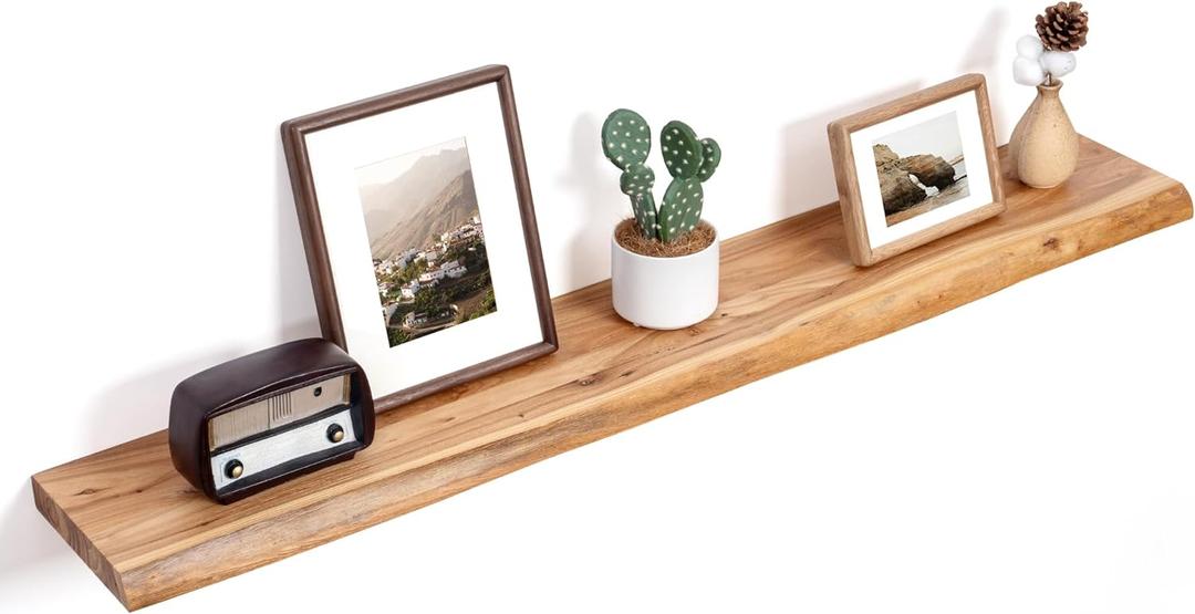 Floating Shelves for Wall Decor, Rustic Solid Elm Wood Floating Shelves Wall Mounted, Wall Shelves with Invisible Bracket for Living Room Bathroom Bedroom Kitchen, 48 Inch, Natural (48inch)