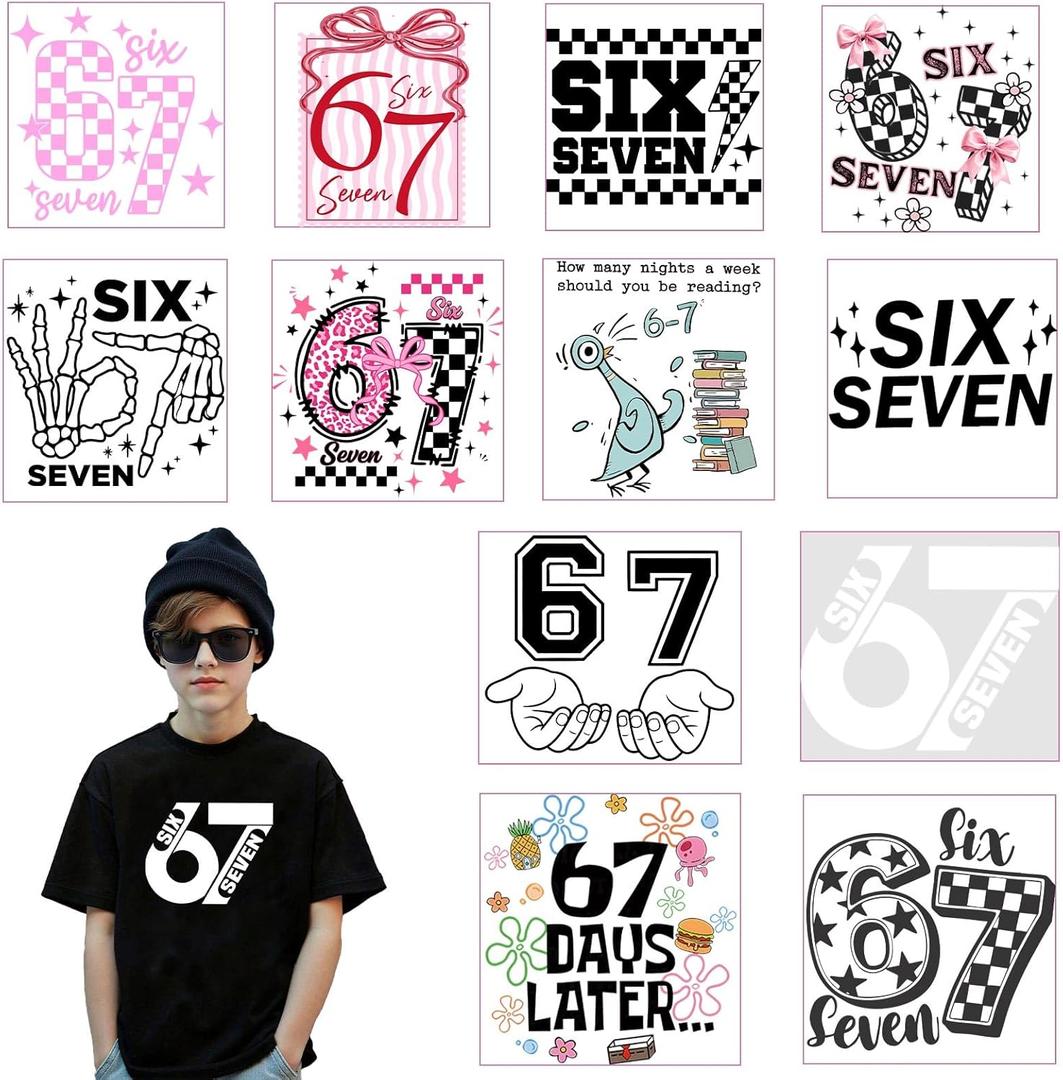 Six Seven 67 Meme Iron on Transfers，12 Sheets 6 7 Theme Dtf Transfers Ready to Press，67 DTF Transfer Patches for Tshirts Bags Hats Clothes(Holiday Gift)
