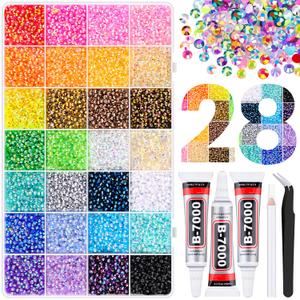30000Pcs Resin Rhinestones with Tweezers for Crafting, Mixed-Color 3mm Bedazzling Crystal with 3Pcs 10ml B7000 Jewelry Glue for DIY Crafts Clothing Tumblers Shoes Fabric Nail Art
