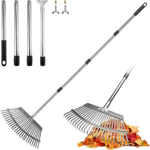 ARTIPOLY Adjustable Leaf Rake, 18-Inch Wide Heavy Duty Garden Rake with 62-Inch Long Handle, Large Metal Leaf Rake for Lawn Yard Grass, Flower Beds, Outdoor Use, Rastrillo para Jardin