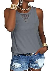 Veatzaer Women's Lace Tank Tops for Summer Crew Neck Casual Loose Fit Solid Sleeveless Shirt Lace Tanks Grey, Medium