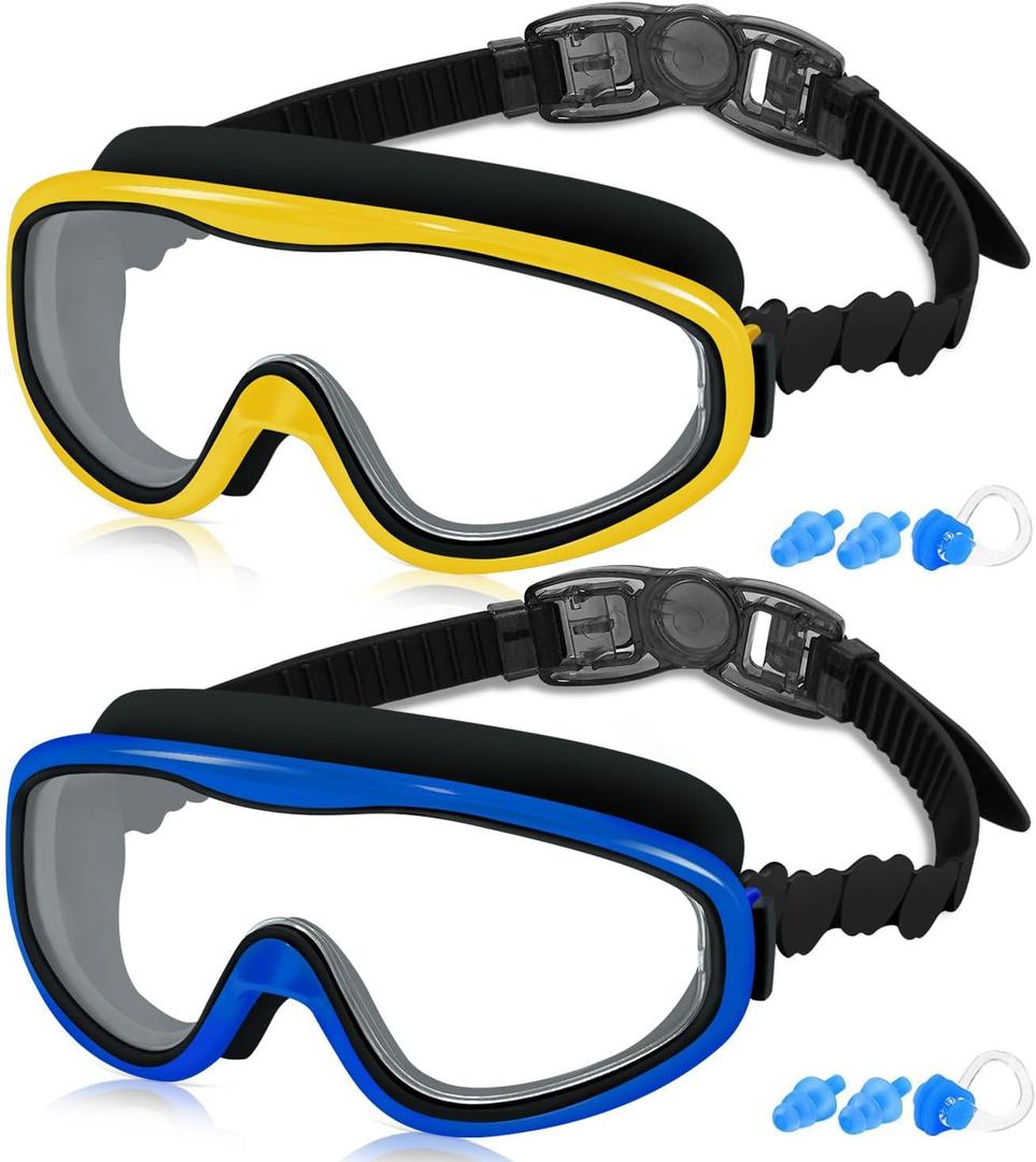 COOLOO Kids Swim Goggles for Age 3-15, 2 Pack Kids Goggles for Swimming with Nose Cover, No Leaking, Anti-Fog, Waterproof (F. Blackblue+blackyellow)