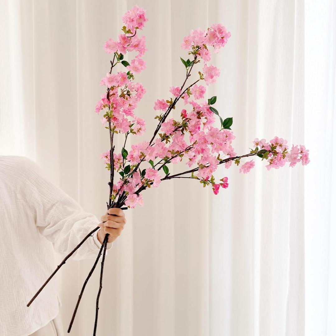 Senjie Artificial Cherry Blossom Branches, Fake Flowers Bouquet with Real Touch Long Stems, Faux Silk Flowers for Vases Wedding Party Table Centerpieces Spring Home Decor (3PCS, Vase Not Included) (Deep Pink)