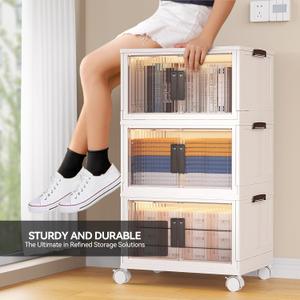 12.5Gal Stackable Storage Bins - Storage Bins with Lids, Folding Storage Boxes with Doors and Wheels, Suitable for Living Room, Bedroom, Make Your Storage Easier(3 pack)