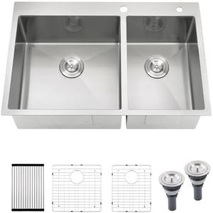 33x22 Drop In Double Bowl Kitchen Sink, Gabhar 33 Inch 16Gauge Drop In Stainless Steel 60/40 Kitchen Sinks