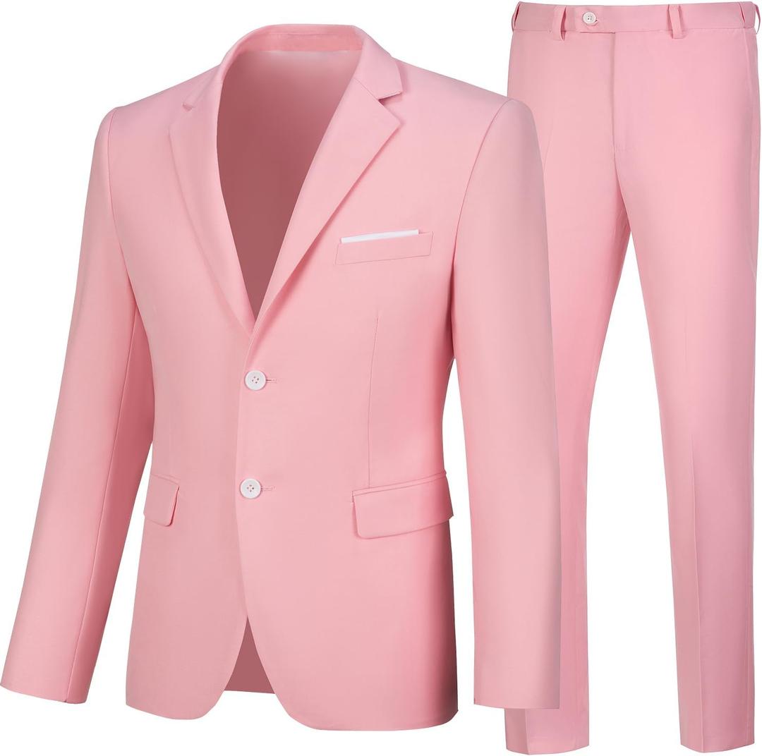 Mens 2 Piece Suit Slim Fit Business Wedding Party Tuxedo Dress Suits for Men Jacket and Pants Set (XS, Pink)