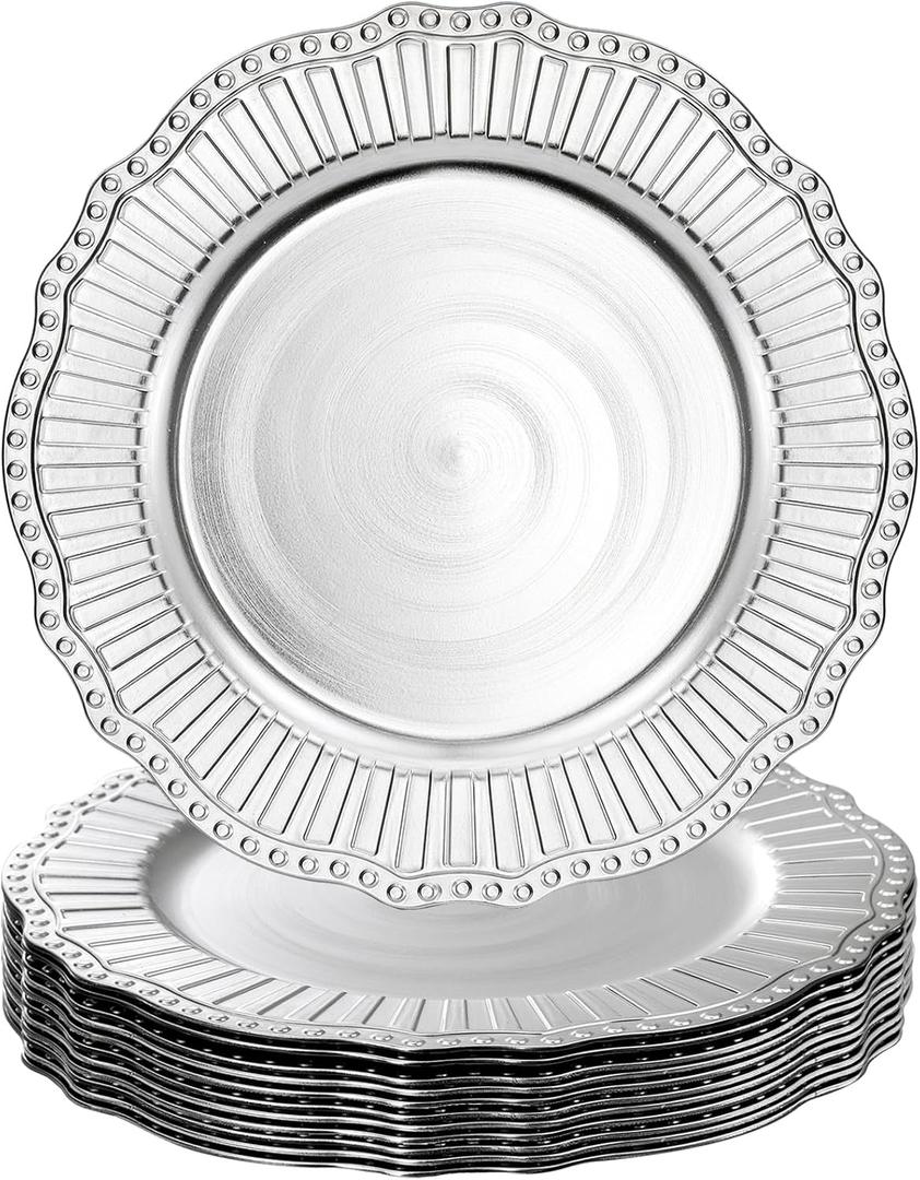 Dicunoy 12 Pack Charger Plates, 13 Inch Plastic Silver Dinner Under Plates, Round Server Ware Charger Service Base Beaded Rim, Serving Trays for Wedding, Party, Christmas Dinner