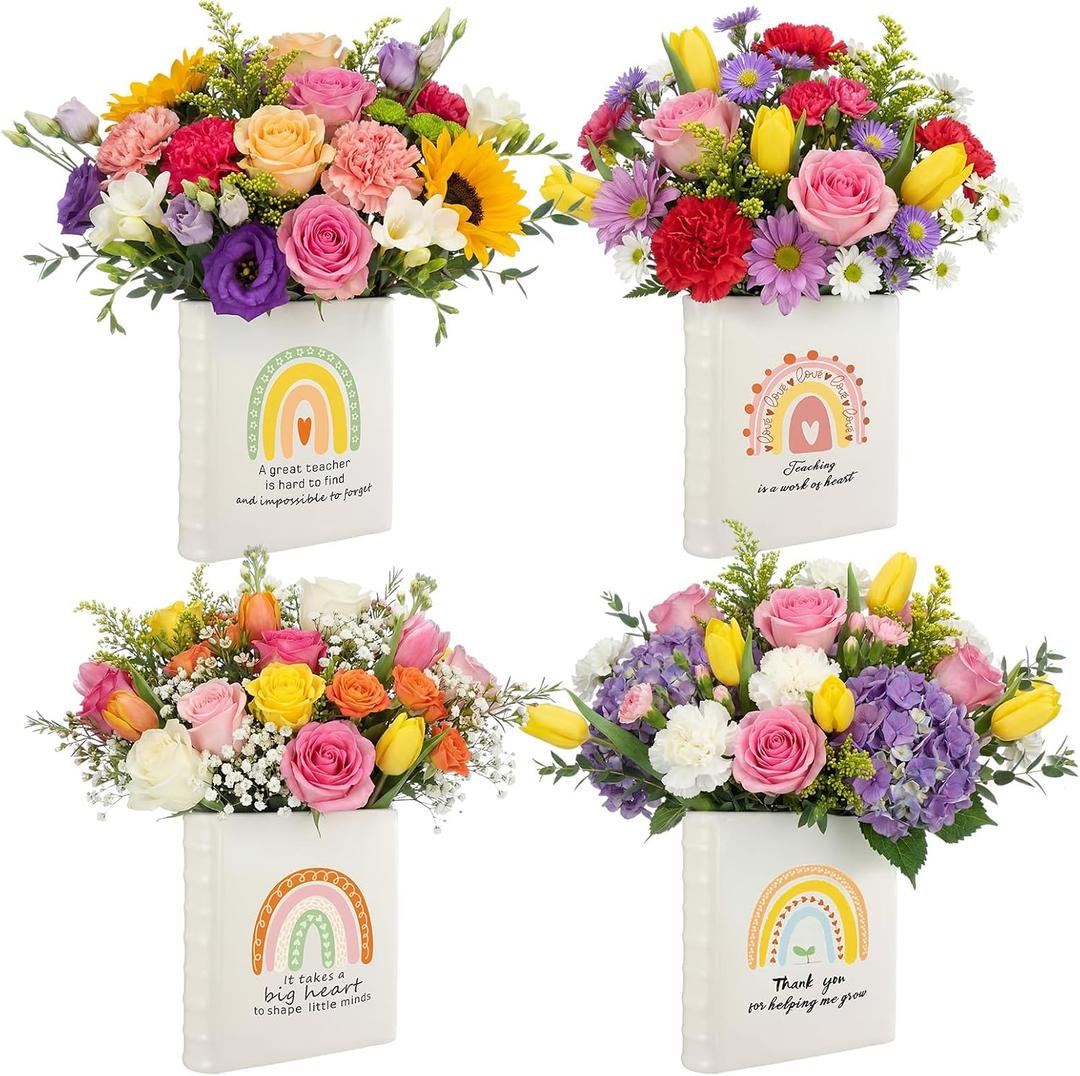 LemonRoad 4 Pcs Teacher Appreciation Gifts Bulk 7.7inch Ceramic Book Shape Vase for Flowers Teacher Flower Vase Thank You Gifts Rainbow Table Decorations for Women Employee Plant Containers