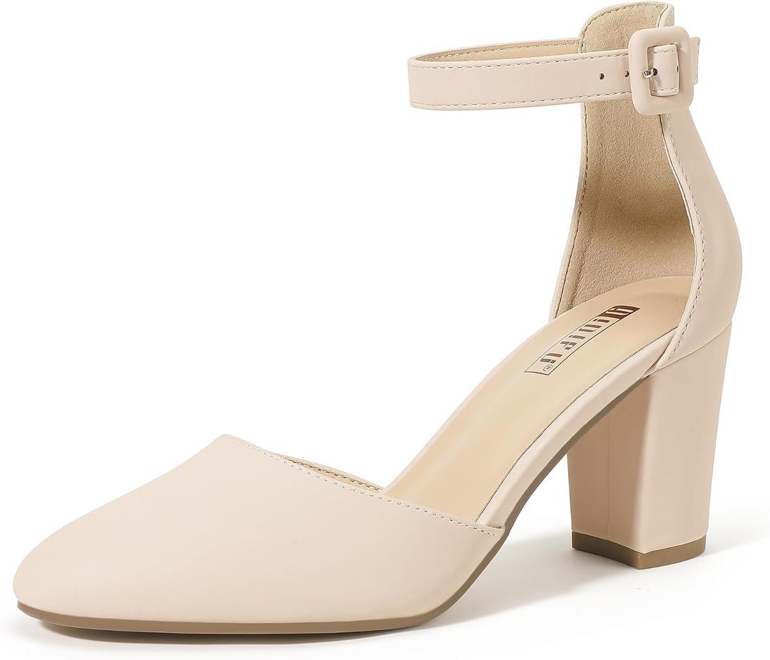 IDIFU IN3 Closed Toe Heels for Women High Chunky Block Heels Women's Pumps Comfortable Dressy Wedding Bride Party Homecoming Prom Work Shoes Fashion Ankle Strap Round Toe Dress Shoes (Pink) Size 8.5