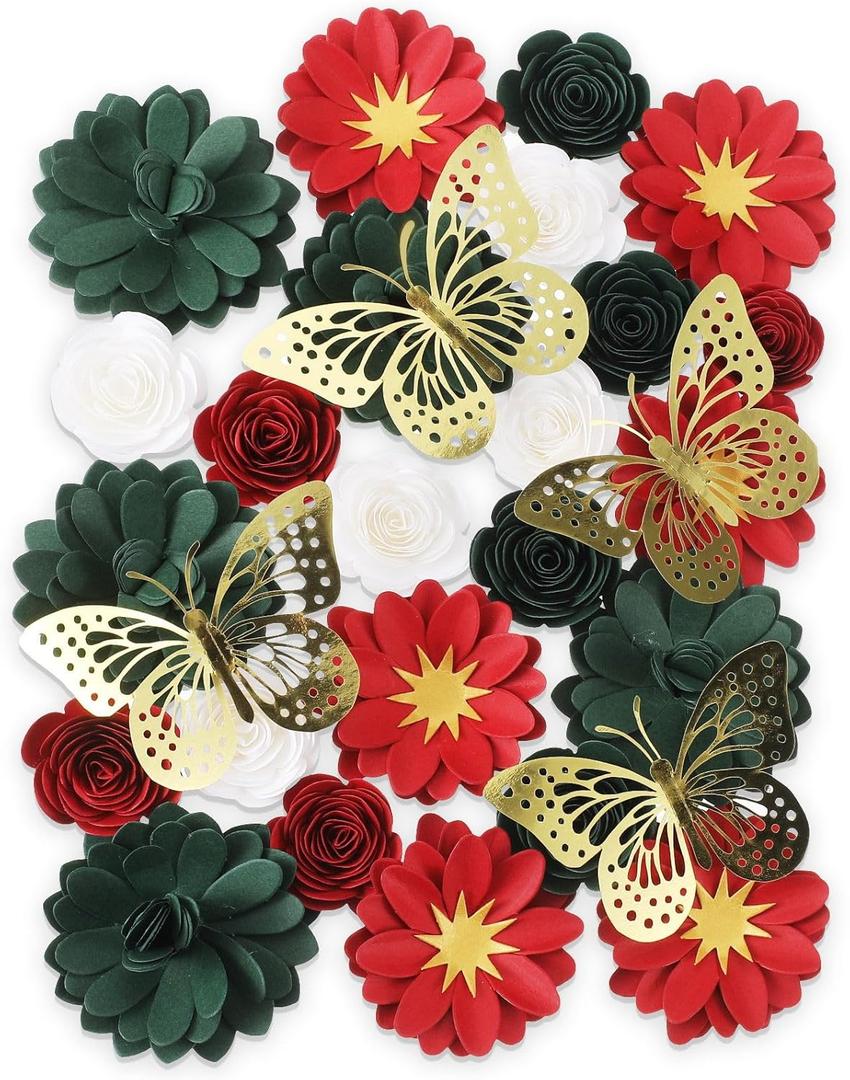MotiMind 39 Pcs Graduation Cap Decorations Kit Including 25 Rose Heads Paper Flowers 12 3D Gold Butterfly Stickers 1 Self Adhesive Pearl 1 Rhinestones Stickers for DIY Graduation Cap(Red and Green)