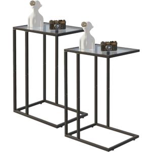 Easy Paws C Shaped End Table Set of 2, Tempered Glass Snack Side Table with Metal Frame, Sofa Couch Side Table, Modern Style, Black