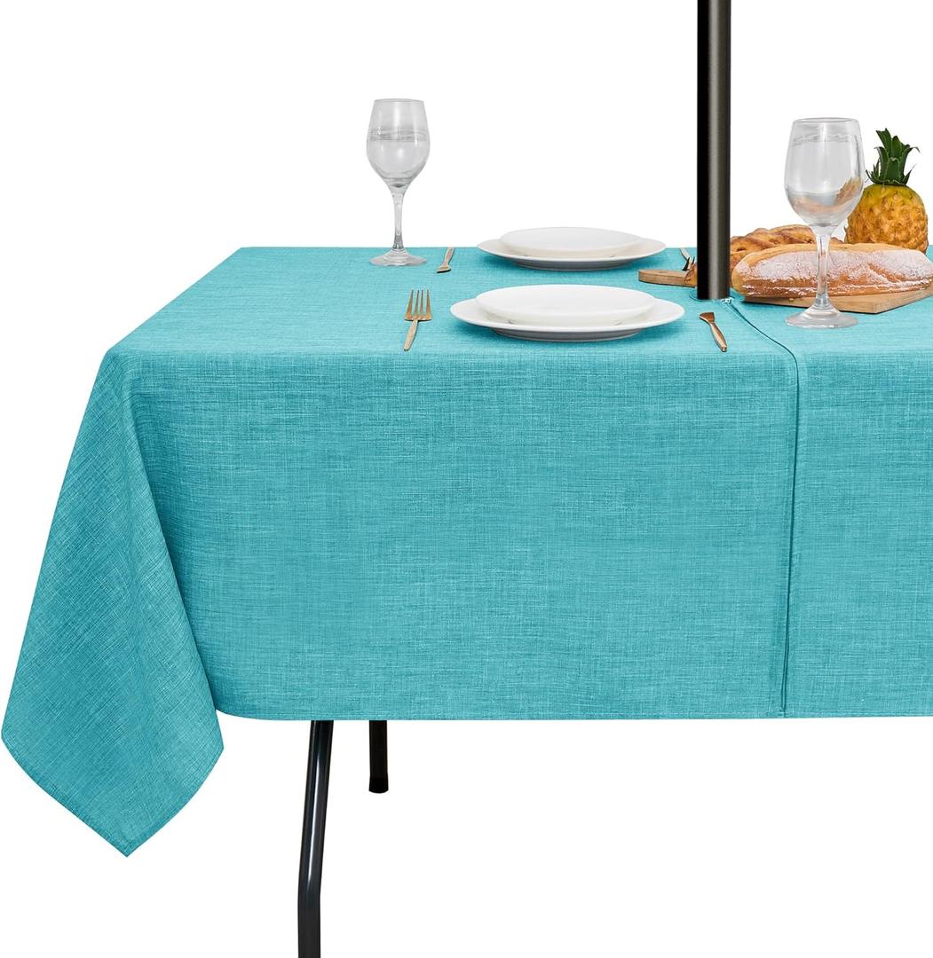 LUSHVIDA Outdoor Tablecloth with Umbrella Hole - Patio Table Cloth Zippered Rectangle 60x102 Inch, Teal Linen-Look Polyester Table Cover Water Resistant for Picnic Outside