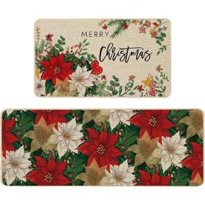 Baccessor Poinsettia Christmas Kitchen Rugs Set of 2, Holly Kitchen Mats for Floor Non Slip Winter Holiday Farmhouse Christmas Decoration 17x29 and 17x47 Inch (Red)