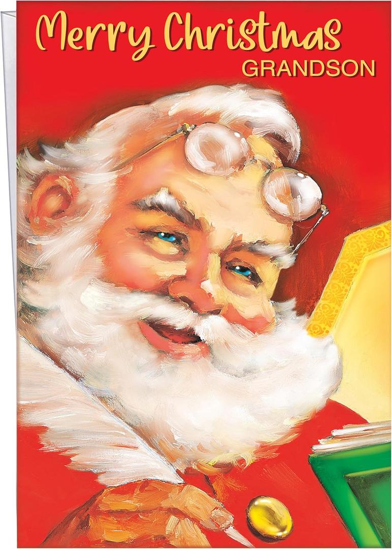 2 x Chuck's Card-O-Rama Grandson Christmas Card - Large Card Opens to 10" x 7.75" - MADE IN CHICAGO - Classic Santa Claus - Premium Envelope & Sturdy Mailer - PERFECT 1004