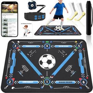 2F22E Soccer Training Mat for Kids & Youth, Non-Slip Silent Footwork Training Equipment with Soccer Bounce Trainer & Socks, Ball Mastery Skills Mat with Instructional Video for Indoor Practice