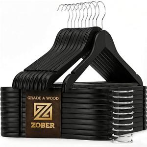 ZOBER Black Wooden Hangers  Heavy Duty, Non Slip Wood Hangers for Coats, Jackets, Suits, & Pants  Coat Hangers for Closet W/Bar and Notches 20 Pack