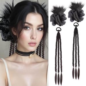 Black Hair Bun,Clip-On Feathered Bun Hair Pieces for Women Synthetic Sick Back Bun Hair Extension Natural Looking Fake Hair Clips Volumizing Straight Bun(Black,braids,Rhinestone flower)