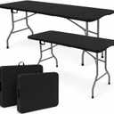 Set of 2 Folding Table 6 FT Lightweight Camping Table Black Portable Plastic Rectangular Outdoor Dining Table Steel Legs Fold-in-Half with Carrying Handle for Indoor,Picnic,Party,Wedding,Events