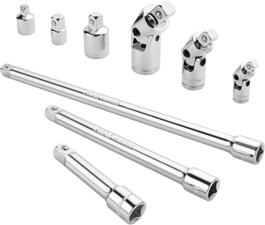 VALUEMAX 9 PCS Socket Accessory Set, Includes 3/8" Drive Extension Bar Set, 1/4", 3/8" & 1/2" Drive Universal Joints and Adapters, Chrome Vanadium Steel with Mirror Finish, Chrome Plated