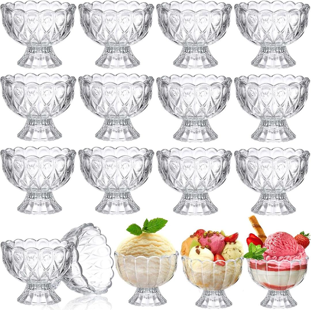 Nuenen Set of 12 Glass Ice Cream Cups 5.1oz Tulip Clear Glass Dessert Cups Bowls Footed Dessert Cups Parfait Glasses Small Trifle Dish for Fruit Salad Milkshake Sundae Snack Cocktail Condiment Party