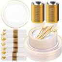 350PCS Clear Plastic Plates with Gold Trim for 50 Guests, Disposable Dinnerware Set for Party & Wedding, Includes 100 Plastic Plates, 50 Pre Rolled Napkins with Gold Silverware, 50 Cups
