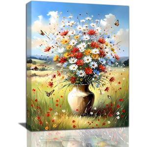 Farmhouse Wildflower Bouquet Canvas Wall Art Colorful Wildflower Canvas Wall Art Vintage Colorful Modern Floral Wall Decor Bedroom Office Decoration (12x16 Inch Framed)