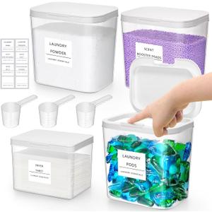 Lifewit 3+1 Laundry Pods Container & Dryer Sheet Holder, Large Powder Detergent Dispenser Storage Jars, Laundry Room Containers for Scent Booster Beads with Pop up Lids, Labels and Scoop 