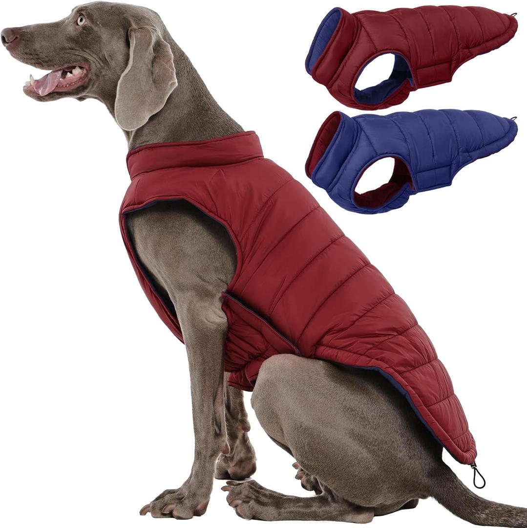 QBLEEV Reversible Dog Jacket for Large Dogs, Waterproof Windproof Winter Coat with Adjustable Hook & Loop Design, Lightweight Puffer Vest Keeps Dogs Warm & Dry, Red, XL Fits Pitbull, Boxer