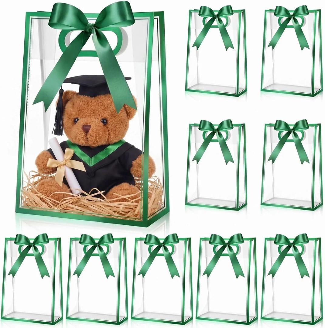 Aliceset Clear Plastic Gift Bag with Die Cut Handle Reusable PP Favor Bag with Ribbon for Graduation Wedding Bridal Birthday Baby Shower Party Small Business,10x7x3.15in(Green Foil,12 Pcs)