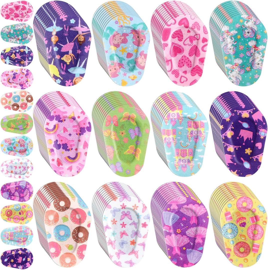 Panelee 120 Pcs Adhesive Eye Patches for Kids Girls Toddler Eye Patches Bulk Breathable Material, Light Blocking Cotton Colorful and Fun Designs Adhesive Bandages for Girls, 12 Styles