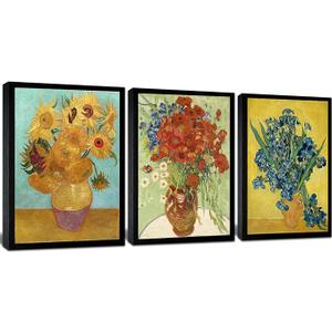 OKEXCKK Black Framed Sunflowers- Irises Flower Vase Vincent Van Gogh Art Reproduction, Giclee Canvas Prints Wall Art for Home Decor, SIze: 16" x 24" x 3pcs Frame