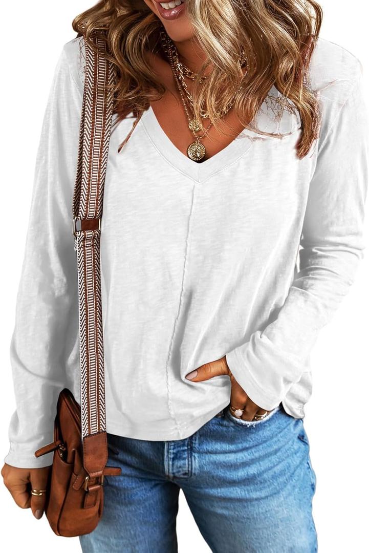EVALESS Womens Tops Fashion V Neck Long Sleeve Shirts Casual Fall Outfits Basic T Shirts Blouses Top Women's Clothing (Medium)