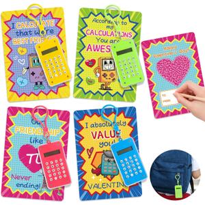 24 Packs Valentine's Day Cards with Pocket Size Mini Calculators & Maze Keychains for Classroom Exchange, Valentine's Gifts Party Favors for Boys Girls School, Prizes for School