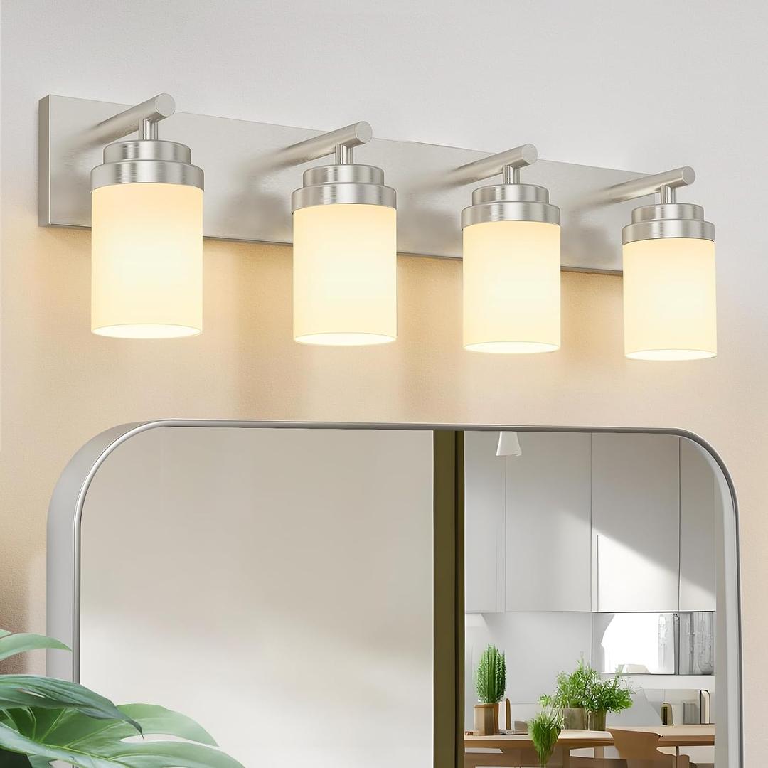 IZORRO Bathroom Vanity Light Fixture, 4-Light 30 Inch Brushed Nickel Bathroom Light Fixtures Over Mirror, with White Glass Shade, Modern Farmhouse Vanity Lights, Rustic Restroom Lighting Fixtures