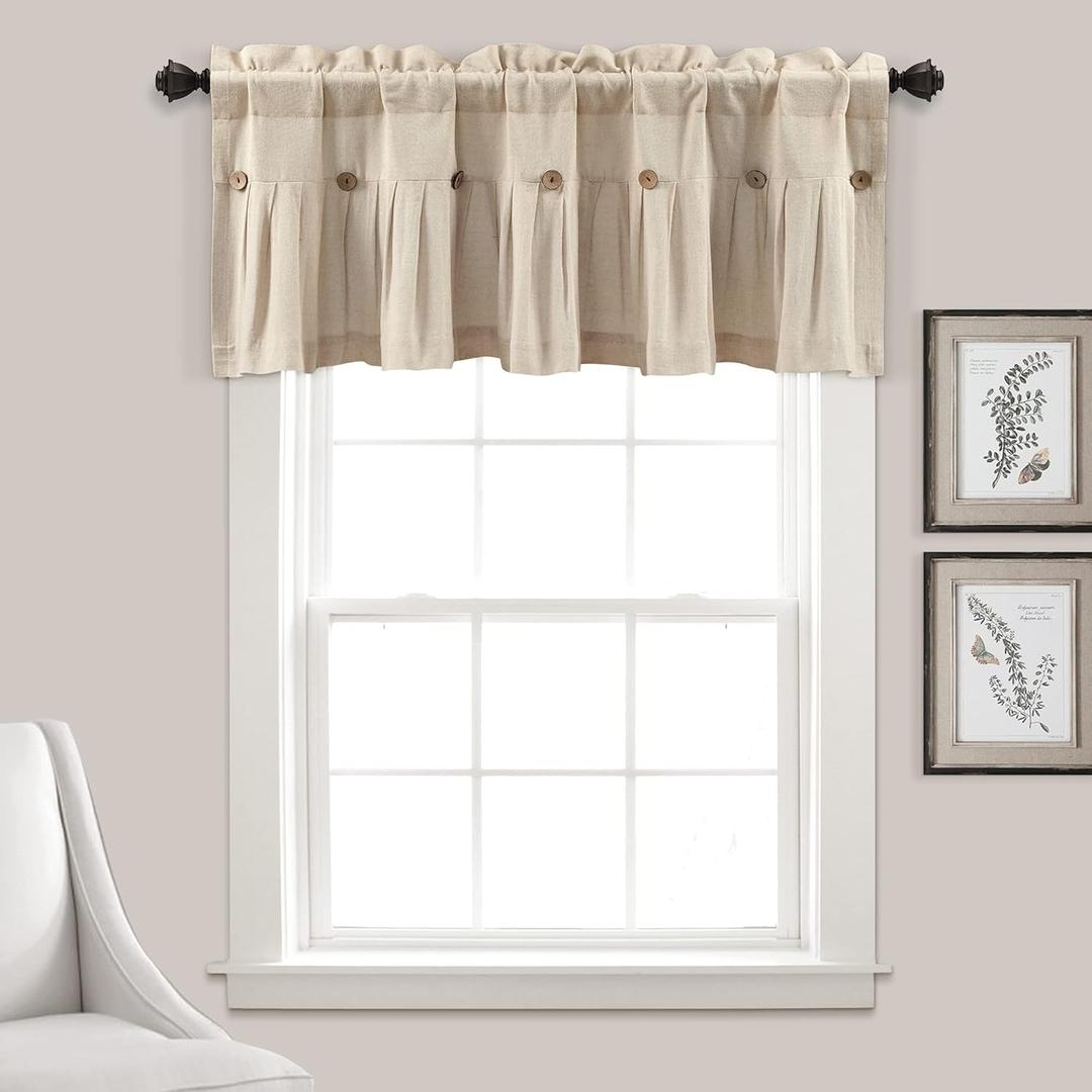 Lush Decor Linen Button Farmhouse Valance, 84" W x 18" L, Dark Linen - Kitchen Curtains Valances - Valances for Windows - Curtain Valance
