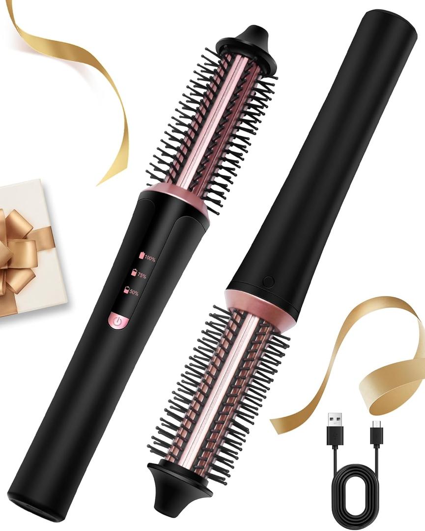 Cordless Curling Brush,4000 mAh USB Cordless Hair Curler with 3 Temp Setting Mini Travel Curling Iron Rechargeable, Ceramic Battery Powered Curling Iron (Black)
